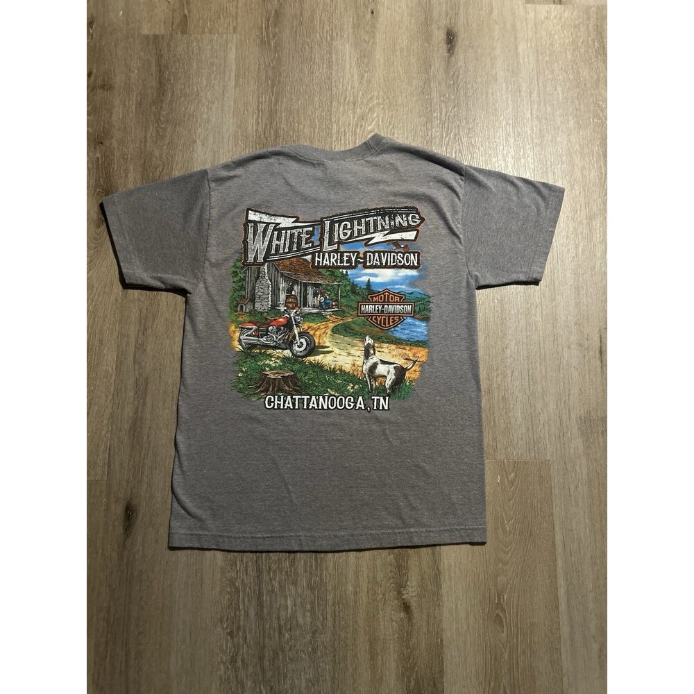 Mens M Harley Davidson Chattanooga TN White Lightning T Shirt Double Sided